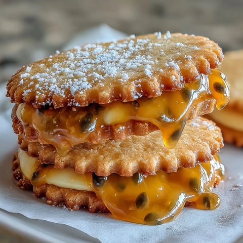 Passionfruit curd cookies feature buttery sugar cookies filled with tangy passionfruit curd, perfect for teatime or special occasions. Delicate passionfruit curd cookies with golden sugar cookies and vibrant tropical filling, ideal for elegant dessert spreads. Buttery sugar cookies sandwich a luscious passionfruit curd center, creating bright, tangy treats for any celebration.
