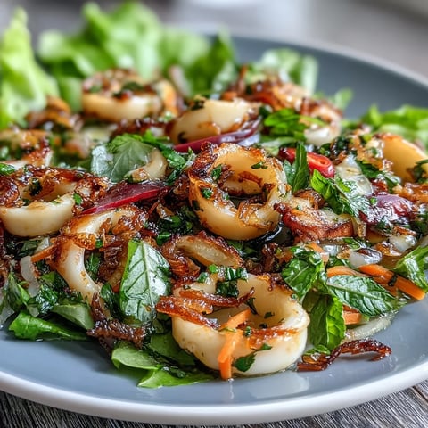 A colorful chilli-lime squid salad with tender rings, fresh herbs, and crisp vegetables in a tangy dressing.