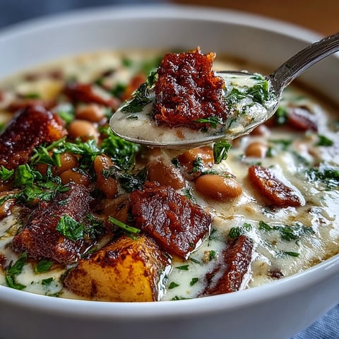 A steaming bowl of creamy ham and white bean soup with fresh herbs, perfect for a comforting winter meal.