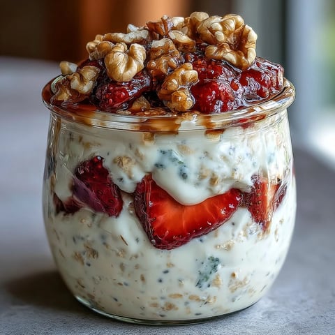 Overnight oats layered with fresh strawberries and crunchy candied walnuts for a wholesome, make-ahead breakfast.