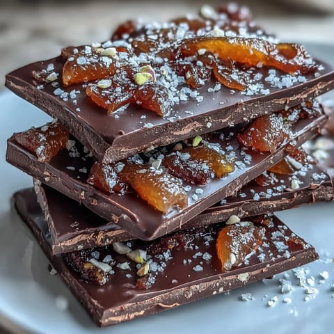 Rich dark chocolate bark with vibrant candied orange peel and crunchy pistachios, perfect for elegant gifting or dessert platters.