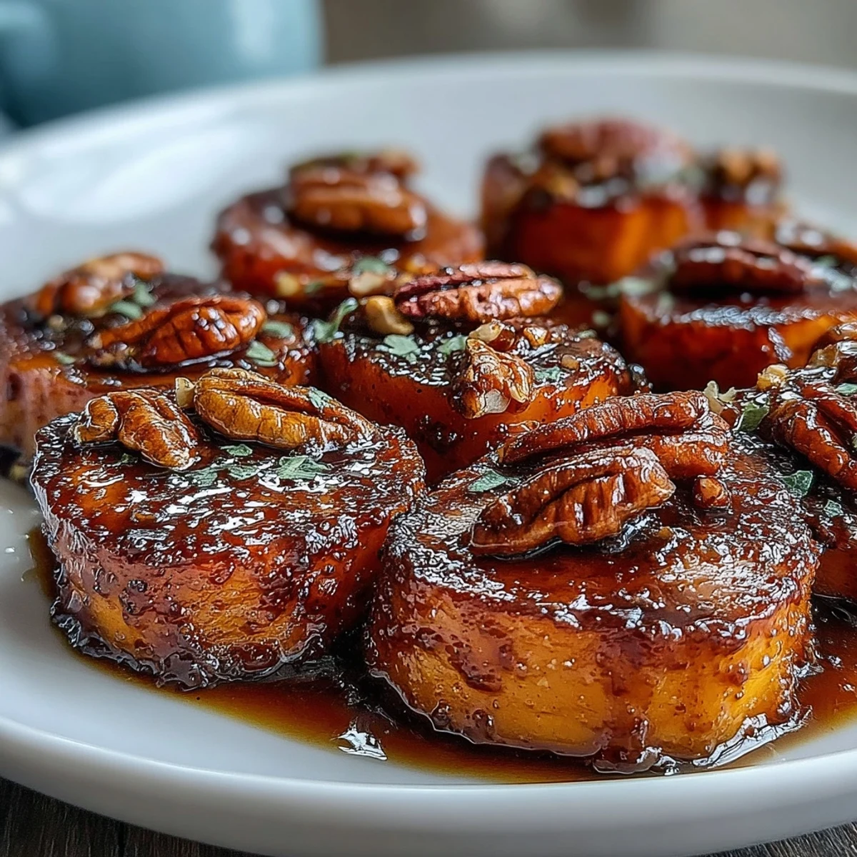A close-up of candied yams glazed in rich brown sugar sauce, topped with golden toasted pecans for crunch and flavor.