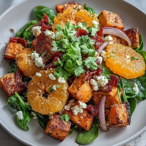 A colorful sheet pan breakfast hash with roasted sweet potatoes, juicy orange segments, and fresh spinach, topped with a perfectly baked egg.