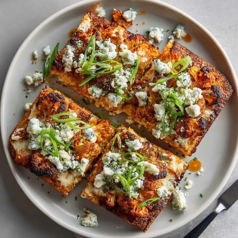 Homemade buffalo cauliflower flatbread squares, a spicy, cheesy vegetarian appetizer ready to serve.