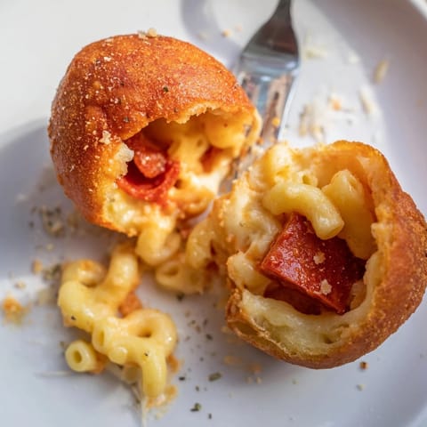 Homemade Cheesy Pepperoni Mac Bombs recipe: Flaky pizza dough encasing creamy macaroni and cheese filling.