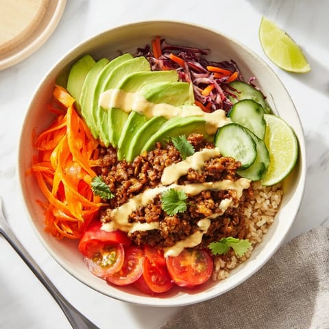 Savory plant-based meat bowl topped with avocado, cilantro, and a zesty mayo drizzle.  