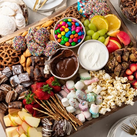 Delightful dessert boards featuring holiday cookies and colorful candies for joyous gatherings.  
