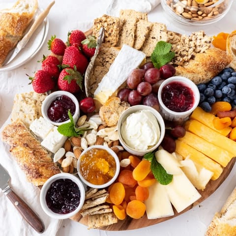 Delightful jam-infused brunch board showcasing vibrant fruits, creamy cheeses, and crusty breads.  