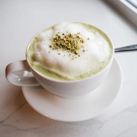 A delicious homemade pistachio milk latte enticingly garnished with crushed pistachios.  