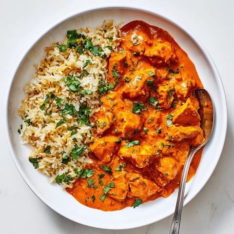 Aromatic rice pilaf beside rich, flavorful butter chicken, perfect for comforting dinners.  