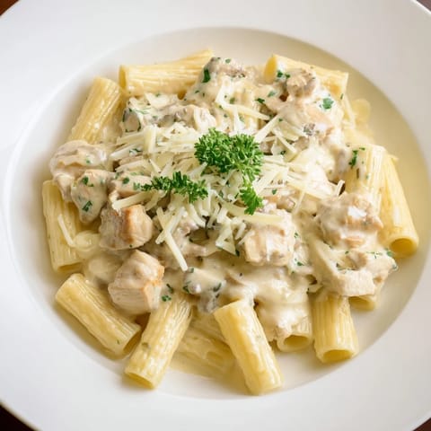 Spoonful of Creamy Garlic Parmesan Chicken Rigatoni: tender chicken and pasta coated in a cheesy sauce.