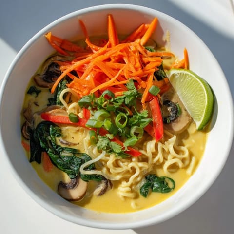 Creamy coconut milk Curry Ramen, filled with colorful vegetables, is a flavorful and warming meal.