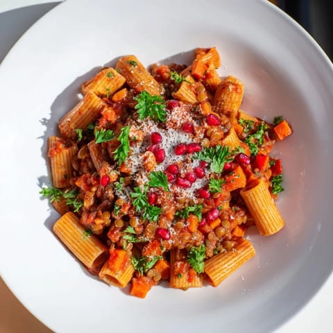 Steaming bowl of High-Fiber Lentil Bolognese over pasta, garnished with fresh parsley and Parmesan.
