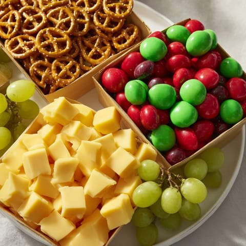 Festive Stacked Christmas Gift Snack Tower, brimming with colorful candies and cheese cubes, ready to enjoy.