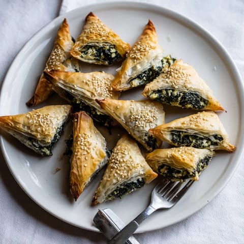 Golden, crispy mini Spanakopita triangle cluster, a delicious Greek appetizer ready to enjoy.