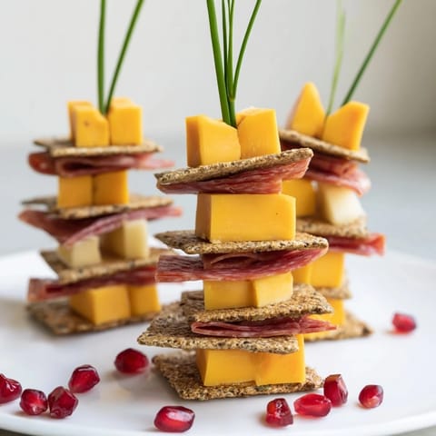 Vibrant Layered Urban Skyline appetizer with stacked meats, cheese, & crackers, ready for party sharing.