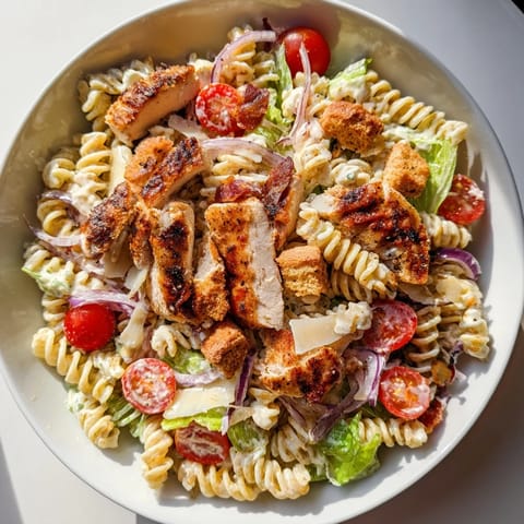 This Chicken Caesar Pasta Salad presents a vibrant mix of ingredients, tossed in a rich, flavorful dressing.