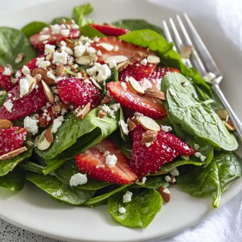 Fresh Strawberry Spinach Salad with toasted almonds, ready to serve for a delightful meal.