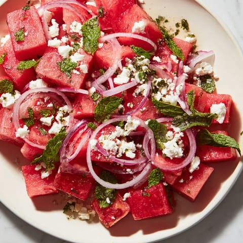 Bright, refreshing Watermelon Feta Salad: Sweet watermelon combined with tangy feta and lime dressing.