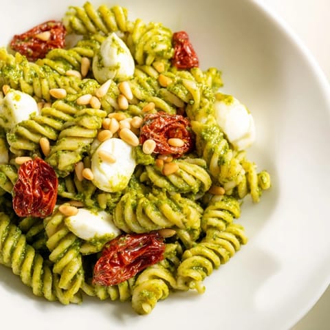 This beautiful Pesto Pasta Salad is tossed with fresh pesto and pine nuts, ready to eat.