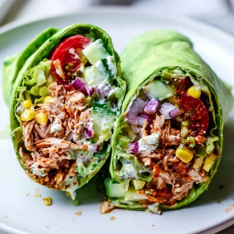 BBQ Chicken Salad Wrap cut in half, revealing layers of tender chicken salad, sweet corn, and red onion, served on a rustic wooden board.  