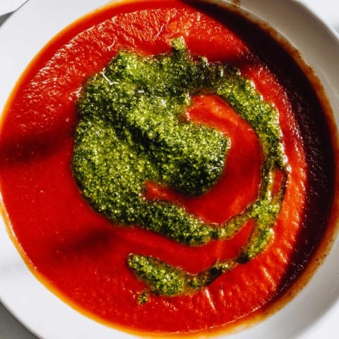 Tomato Soup with Basil Pesto Swirl served in a rustic ceramic bowl, with a drizzle of pesto over velvety soup.  