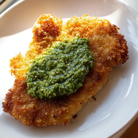 Sizzling, golden-brown pesto chicken cutlets fresh from the skillet, paired with lemon wedges for a zesty finish.  