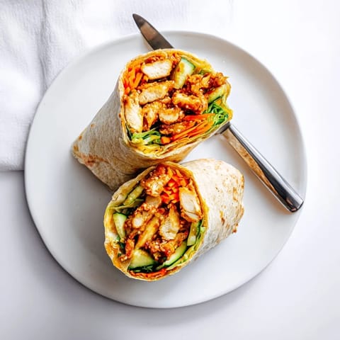 Warm Honey Chili Crunch Chicken Wrap featuring golden chicken pieces tossed in a glossy sweet and spicy sauce.  