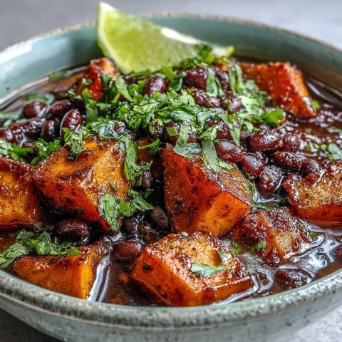 Creamy sweet potato and black bean soup garnished with fresh cilantro and avocado in a rustic bowl.