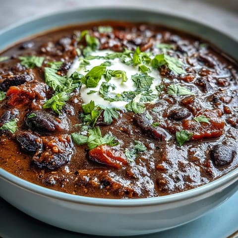 Creamy Black Bean Soup served hot in a white bowl, garnished with fresh cilantro, avocado, and a lime wedge.