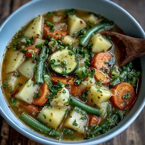 A comforting, rustic soup filled with colorful vegetables and tender potato chunks.