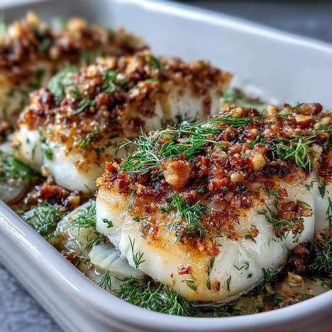 Flaky halibut with a rustic walnut and lemon breadcrumb crust, resting on a bed of caramelized fennel.