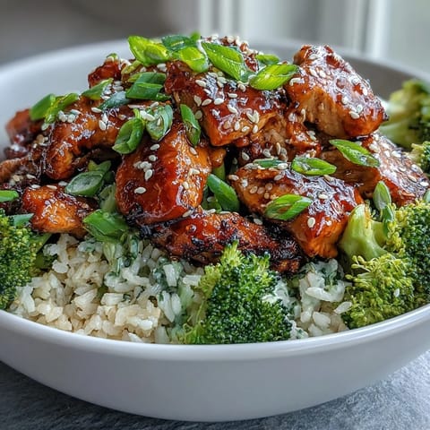 A close-up of Sweet and Spicy Turkey Broccoli Bowls, highlighting glossy turkey, bright green broccoli, and nutty brown rice glistening with honey-sriracha sauce.