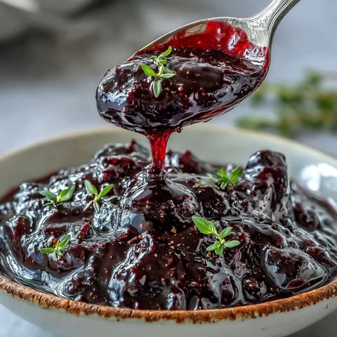 A close-up of glossy Black Currant Glaze being brushed onto a roasted ham with fresh thyme and balsamic notes.