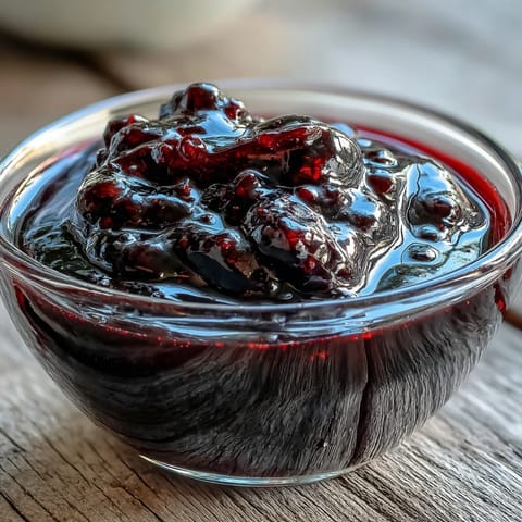 Glossy black currant sauce drizzled over creamy vanilla ice cream in a white bowl, featuring vibrant purple hues and a sweet-tart aroma.