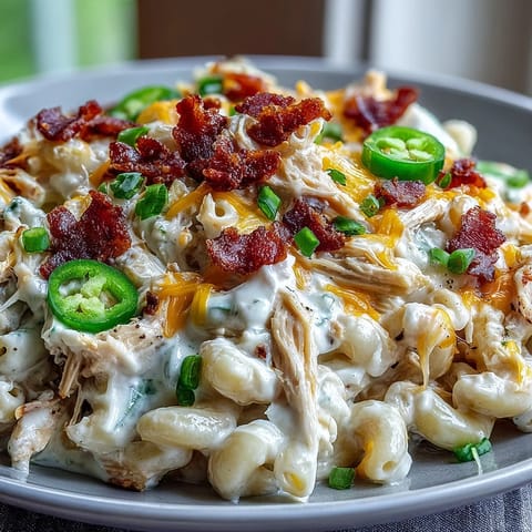 Creamy Jalapeño Popper Chicken Pasta served in a white bowl, garnished with crispy bacon, jalapeño slices, and fresh cilantro.