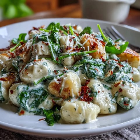 Creamy Spinach & Parmesan Gnocchi with Chicken served in a skillet with a rich, garlicky cream sauce.