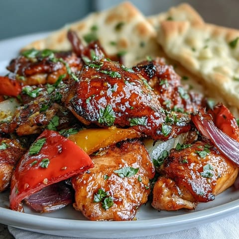 Golden-brown chicken thighs and colorful roasted vegetables beside fluffy garlic naan for a complete, family-style dinner.