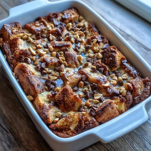 A warm slice of High-Protein Peanut Butter & Chocolate Baked French Toast served with fresh banana slices on a cozy breakfast plate.