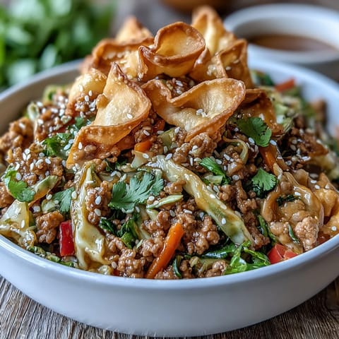 Savory Ranch Turkey & Veggie Egg Roll Bowls with stir-fried red bell peppers and fresh ginger, served steaming hot with crunchy wonton strips and chopped cilantro garnish.