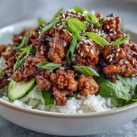 Sesame Turkey Lettuce Wrap Bowls with fluffy rice, crisp lettuce, and cool cucumber ribbons on a white plate.