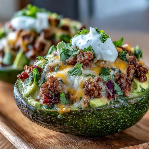 Bright Mexican-inspired Keto Taco Stuffed Avocados topped with creamy sour cream, vibrant salsa, and chopped cilantro on a plate.