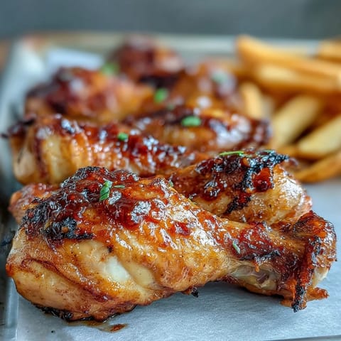 Tender Sheet Pan Honey Garlic Chicken Drumsticks with Roasted Carrots served with fluffy rice and fresh thyme on a rustic plate.