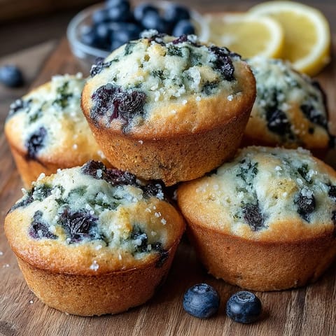 A hand lifts a warm Vegan Blueberry Lemon Protein Muffin, revealing a fluffy interior and glistening blueberries against a rustic wood backdrop. 