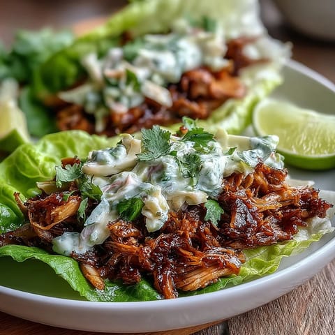 Crispy lettuce tacos filled with smoky BBQ jackfruit and topped with creamy vegan slaw for a fresh, plant-based meal.