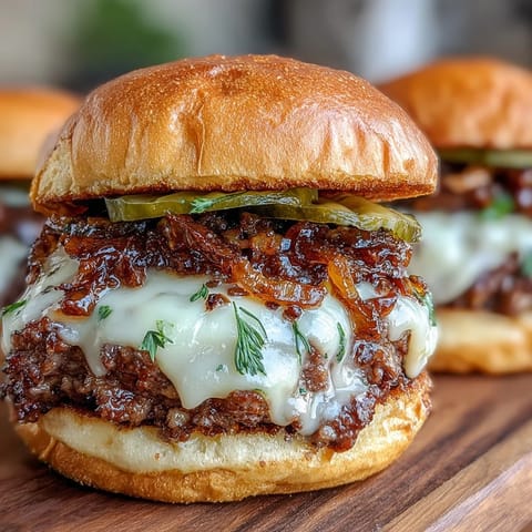 Close-up of hand holding a perfectly smashed slider burger with caramelized onions dripping slightly, served on a toasted brioche bun with pickles.  