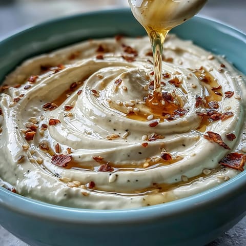 Creamy tahini dressing drizzled over a fresh green salad with roasted vegetables and herbs.  