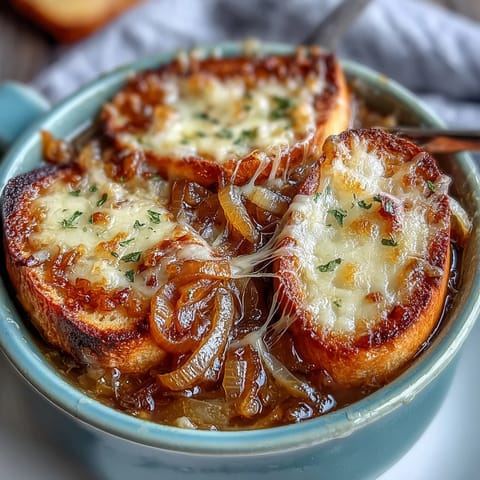 Golden-brown Gruyere-topped sourdough crostini floating on a rich, savory French onion soup with caramelized onions.  