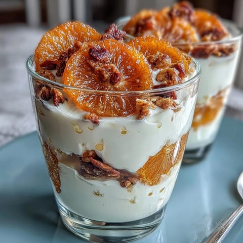 Vibrant candied orange yogurt parfait with crunchy granola and creamy Greek yogurt in clear glasses.
