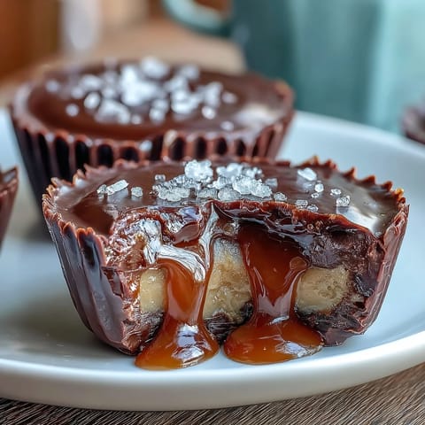 Gooey homemade peanut butter cups with salted caramel center and a rich chocolate coating, topped with flaky sea salt for irresistible sweet-salty flavor.